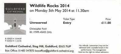 Ticket stub - Brian May live at the Guildford Cathedral, Guildford, UK (Wildlife Rocks) [05.05.2014]