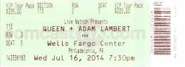 Ticket stub - Queen + Adam Lambert live at the Wells Fargo Center, Philadelphia, PA, USA [16.07.2014]
