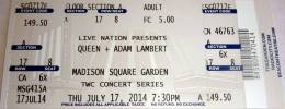 Ticket stub - Queen + Adam Lambert live at the Madison Square Garden, New York, NY, USA [17.07.2014]