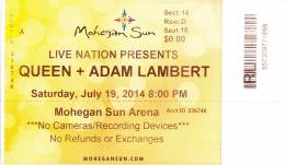 Ticket stub - Queen + Adam Lambert live at the Mohegan Sun Arena, Uncasville, CT, USA [19.07.2014]