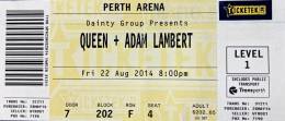 Ticket stub - Queen + Adam Lambert live at the Perth Arena, Perth, Australia [22.08.2014]