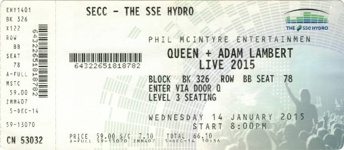 Ticket stub - Queen + Adam Lambert live at the SSE Hydro, Glasgow, UK [14.01.2015]