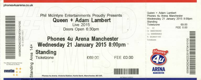 Ticket stub - Queen + Adam Lambert live at the Arena, Manchester, UK [21.01.2015]