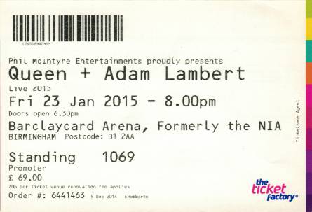 Ticket stub - Queen + Adam Lambert live at the NIA, Birmingham, UK [23.01.2015]