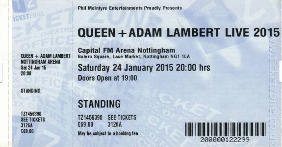 Ticket stub - Queen + Adam Lambert live at the Arena, Nottingham, UK [24.01.2015]
