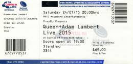 Ticket stub - Queen + Adam Lambert live at the Arena, Nottingham, UK [24.01.2015]