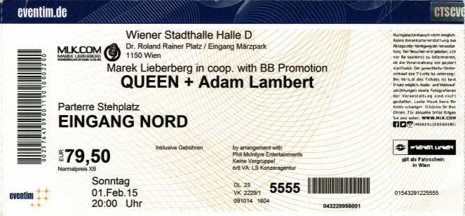 Ticket stub - Queen + Adam Lambert live at the Stadthalle, Vienna, Austria [01.02.2015]