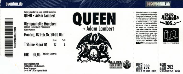 Ticket stub - Queen + Adam Lambert live at the Olympiahalle, Munich, Germany [02.02.2015]