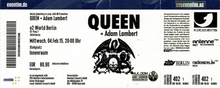 Ticket stub - Queen + Adam Lambert live at the O2 World, Berlin, Germany [04.02.2015]