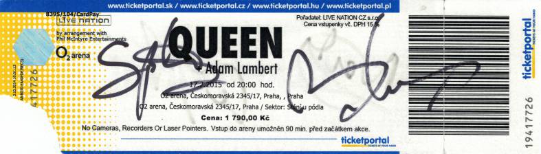 Ticket stub - Queen + Adam Lambert live at the O2 Arena, Prague, Czech Republic [17.02.2015]