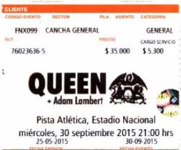 Ticket stub - Queen + Adam Lambert live at the Pista Atletica, Estadio Nacional, Santiago De Chile, Chile [30.09.2015]