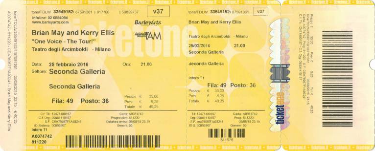 Ticket stub - Brian May live at the Arcimboldi, Milan, Italy [25.02.2016]