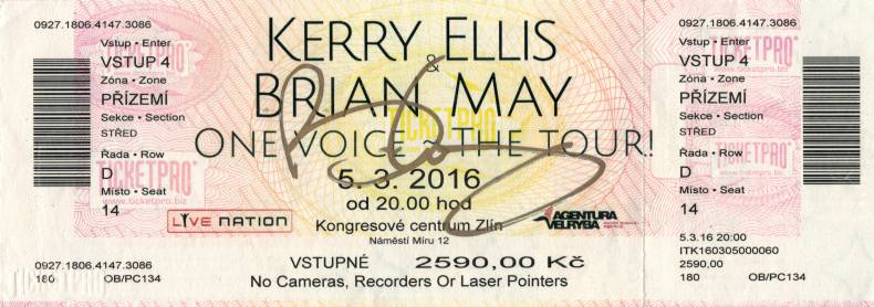 Ticket stub - Brian May live at the Kongresove centrum, Zlin, Czech Republic [05.03.2016]
