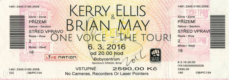 Ticket stub - Brian May live at the Bobycentrum, Brno, Czech Republic [06.03.2016]