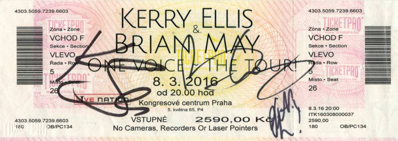 Ticket stub - Brian May live at the Kongresove centrum, Prague, Czech Republic [08.03.2016]