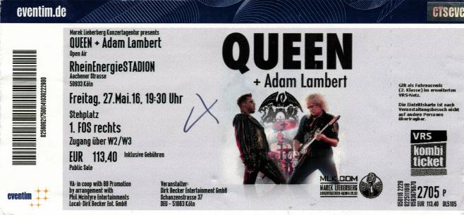 Ticket stub - Queen + Adam Lambert live at the RheinEnergie Stadium, Cologne, Germany [27.05.2016]