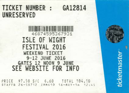 Ticket stub - Queen + Adam Lambert live at the Seaclose Park, Isle of Wight, UK [12.06.2016]