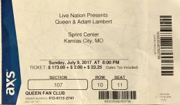 Ticket stub - Queen + Adam Lambert live at the Sprint Center, Kansas City, MO, USA [09.07.2017]
