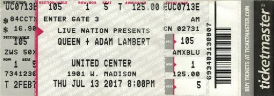Ticket stub - Queen + Adam Lambert live at the United Center, Chicago, IL, USA [13.07.2017]