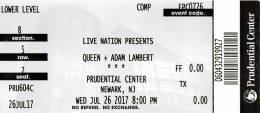 Ticket stub - Queen + Adam Lambert live at the Prudential Center, Newark, NJ, USA [26.07.2017]
