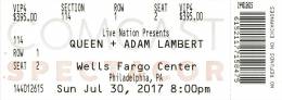 Ticket stub - Queen + Adam Lambert live at the Wells Fargo Center, Philadelphia, PA, USA [30.07.2017]