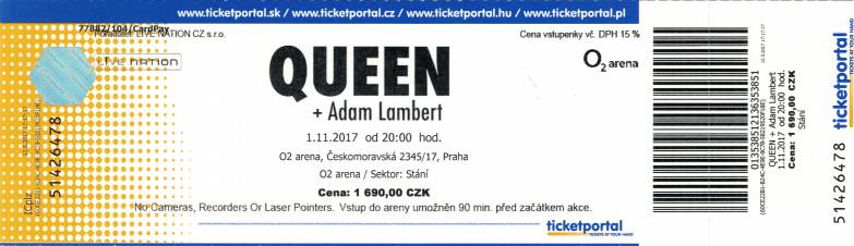 Ticket stub - Queen + Adam Lambert live at the O2 Arena, Prague, Czech Republic [01.11.2017]