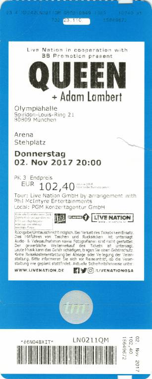 Ticket stub - Queen + Adam Lambert live at the Olympiahalle, Munich, Germany [02.11.2017]