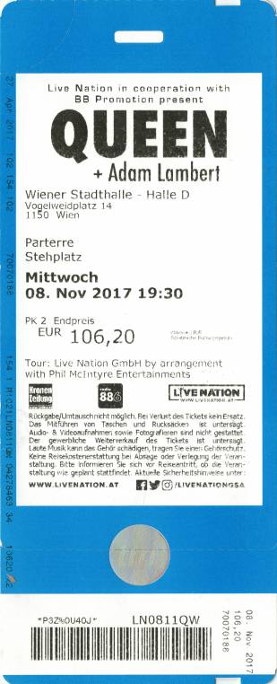 Ticket stub - Queen + Adam Lambert live at the Stadhalle, Vienna, Austria [08.11.2017]