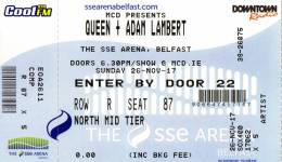 Ticket stub - Queen + Adam Lambert live at the SSE Arena, Belfast, UK [26.11.2017]