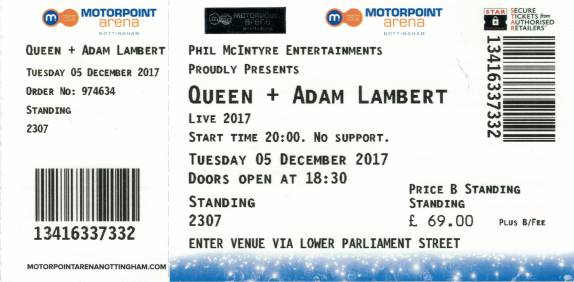Ticket stub - Queen + Adam Lambert live at the Motorpoint Arena, Nottingham, UK [05.12.2017]
