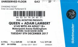Ticket stub - Queen + Adam Lambert live at the Motorpoint Arena, Nottingham, UK [05.12.2017]