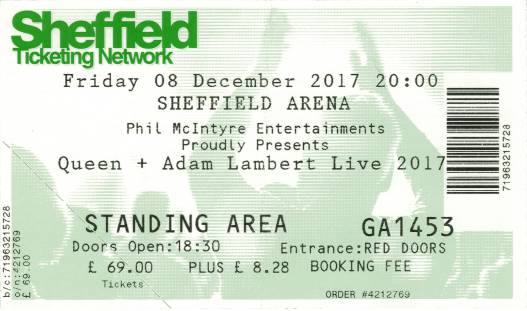 Ticket stub - Queen + Adam Lambert live at the Motorpoint Arena, Sheffield, UK [08.12.2017]