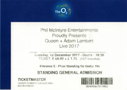Ticket stub - Queen + Adam Lambert live at the O2 Arena, London, UK [12.12.2017]