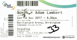 Ticket stub - Queen + Adam Lambert live at the Barclaycard Arena, Birmingham, UK [16.12.2017]