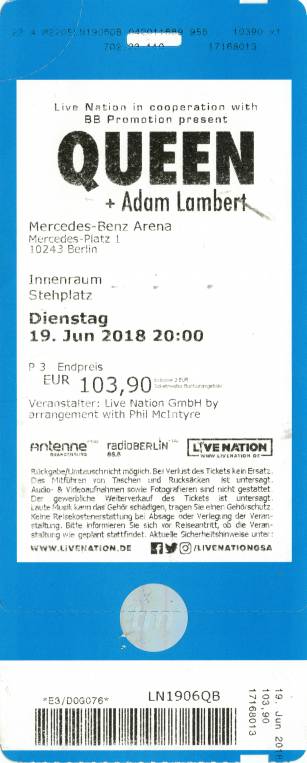 Ticket stub - Queen + Adam Lambert live at the Mercedes Benz Arena, Berlin, Germany [19.06.2018]