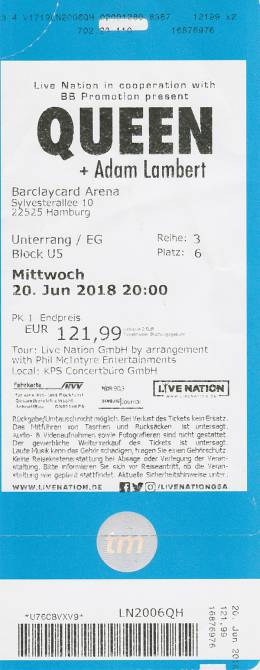 Ticket stub - Queen + Adam Lambert live at the Barclaycard Arena, Hamburg, Germany [20.06.2018]