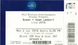 Ticket stub - Queen + Adam Lambert live at the O2 Arena, London, UK [02.07.2018]