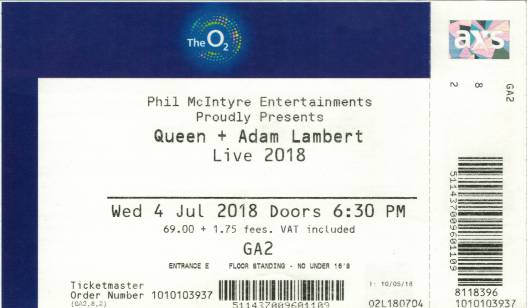 Ticket stub - Queen + Adam Lambert live at the O2 Arena, London, UK [04.07.2018]