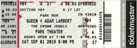 Ticket stub - Queen + Adam Lambert live at the Park Theater, Las Vegas, NV, USA [01.09.2018]