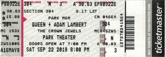 Ticket stub - Queen + Adam Lambert live at the Park Theater, Las Vegas, NV, USA [22.09.2018]