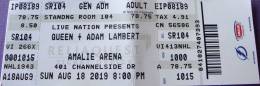 Ticket stub - Queen + Adam Lambert live at the Amalie Arena, Tampa, FL, USA [18.08.2019]