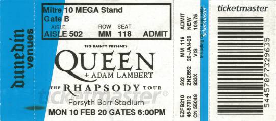 Ticket stub - Queen + Adam Lambert live at the Forsyth Barr Stadium, Dunedin, New Zealand [10.02.2020]