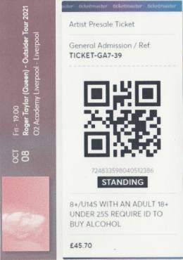 Ticket stub - Roger Taylor live at the O2 Academy, Liverpool, UK [08.10.2021]