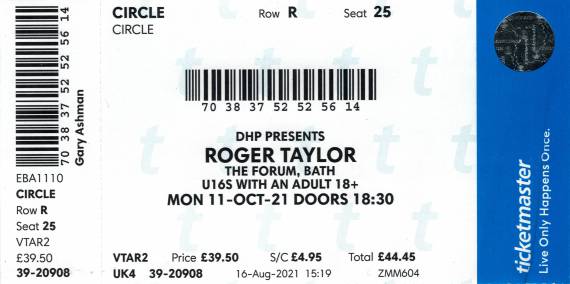 Ticket stub - Roger Taylor live at the Bath Forum, Bath, UK [11.10.2021]