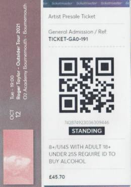 Ticket stub - Roger Taylor live at the O2 Academy, Bournemouth, UK [12.10.2021]