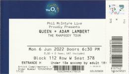 Ticket stub - Queen + Adam Lambert live at the O2 Arena, London, UK [06.06.2022]