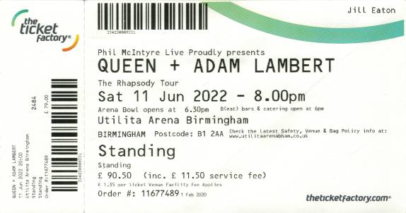 Ticket stub - Queen + Adam Lambert live at the Arena, Birmingham, UK [11.06.2022]