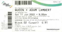 Ticket stub - Queen + Adam Lambert live at the Arena, Birmingham, UK [11.06.2022]