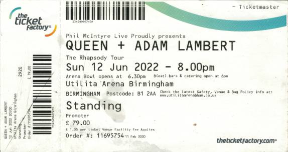 Ticket stub - Queen + Adam Lambert live at the Arena, Birmingham, UK [12.06.2022]