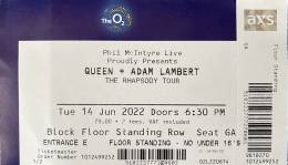 Ticket stub - Queen + Adam Lambert live at the O2 Arena, London, UK [14.06.2022]
